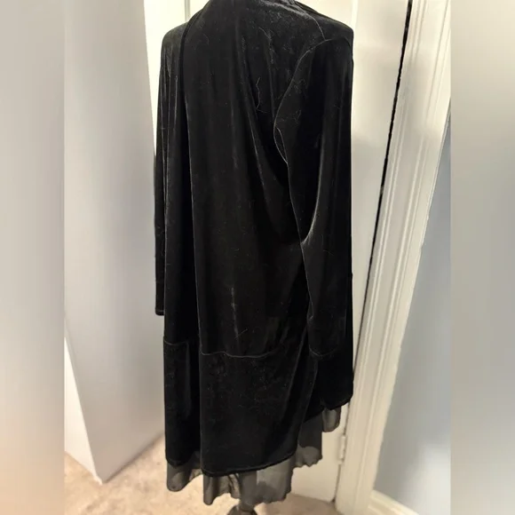 Long Black Velvet Duster with Chiffon Trim - Picture 2 of 5